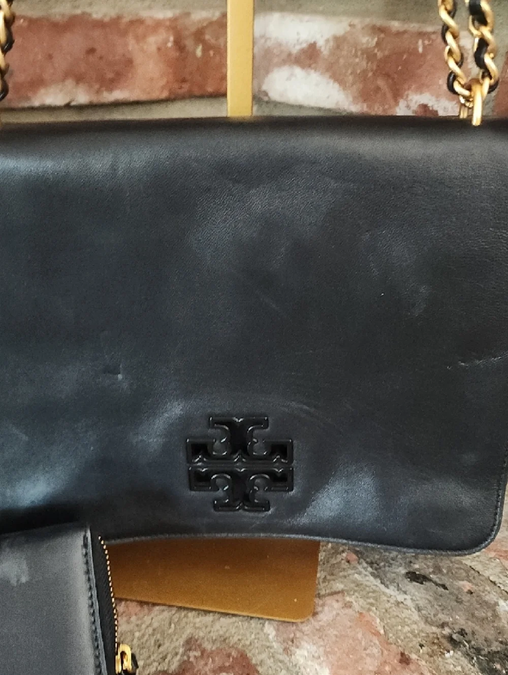 Tory Burch Black Leather Chain Shoulder Bag Gold Hardware Classic Logo W Wallet